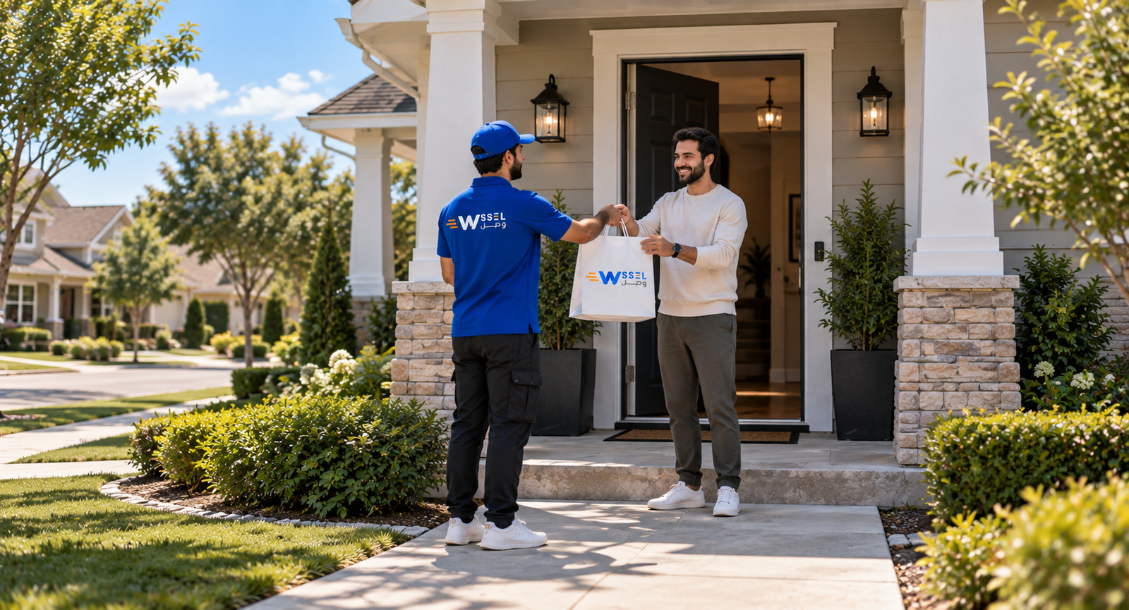 A WSSEL courier handing a delivery bag to a customer